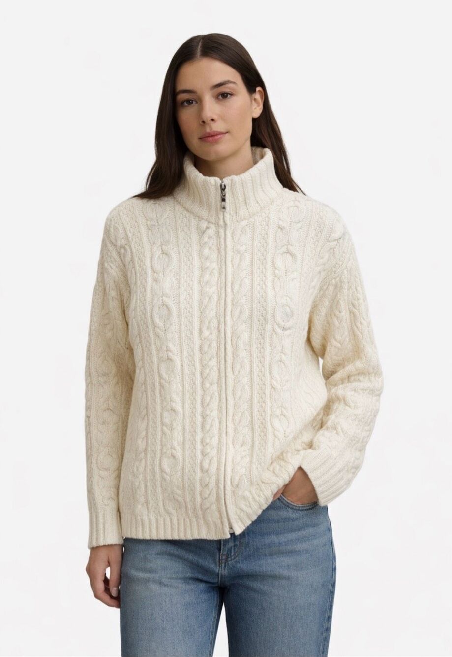 Inis Crafts Ireland 100% Merino Wool Cable Knit Full Zip Sweater Cream S